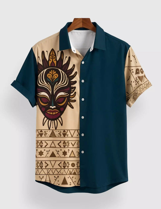 CREAM FACEMASK DESIGNER MEN'S HALF SLEEVES PRINTED SHIRT